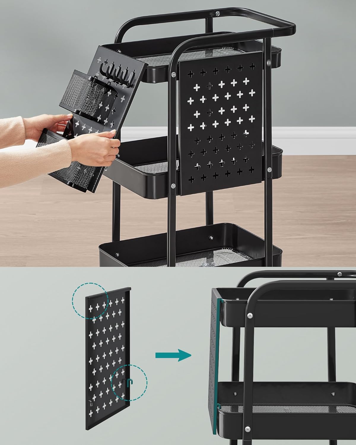 SONGMICS Raft de depozitare mobil tip carucior rulant, pentru baie sau bucatarie, cadru otel, 32x43x74 cm, negru