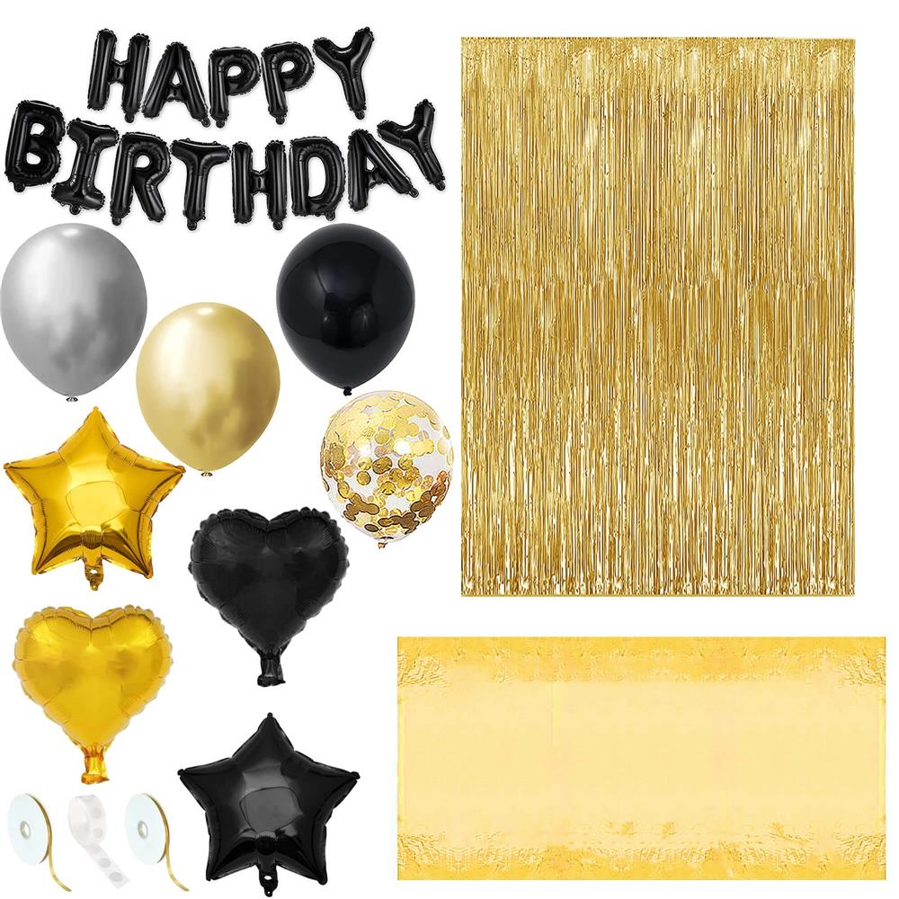 Set 46 baloane si decoratiuni, Happy Birthday, incluse fata de masa si perdea negru auriu