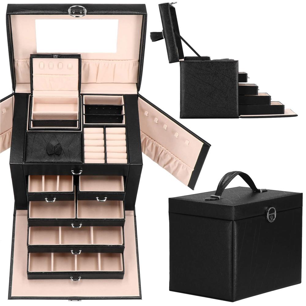 Cutie depozitare si organizare bijuterii, piele ecologica + velur, 26 x 21,5 x 19 cm, negru