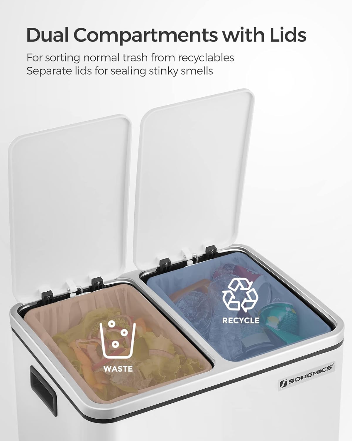 SONGMICS Cos de gunoi din inox cu 2 compartimente colectare selectiva, cu galeti interioare, 2x15litri, alb