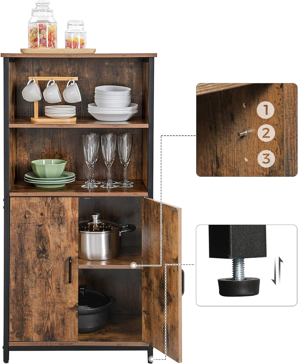 VASAGLE Comoda cu rafturi tip bufet, utilizare multifunctionala, stil industrial, 35x60x125cm, maro rustic