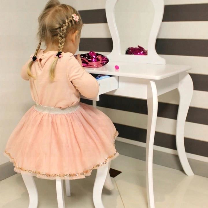 Set Masa de toaleta pentru copii Elza, alba, cu oglinda si taburet, 71x50x108 cm