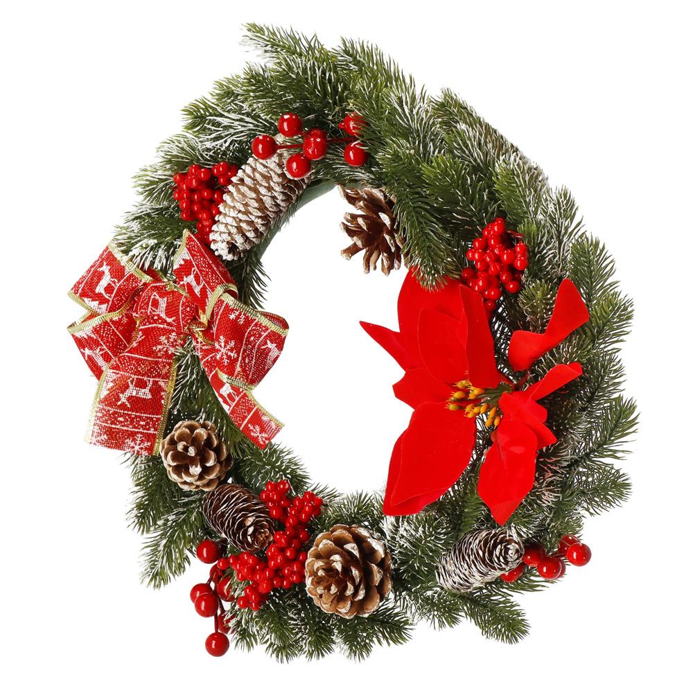 Coronita pentru Craciun, 40 cm, din brad artificial 3D, cu conuri si zapada, verde