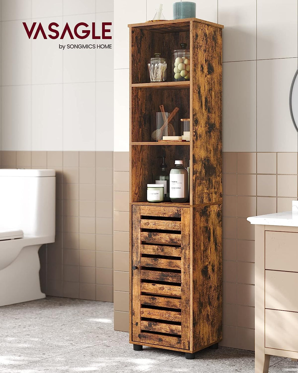 VASAGLE Dulap de baie, cu 3 compartimente deschise si spatiu de depozitare cu usa, 40x30x167cm, maro vintage