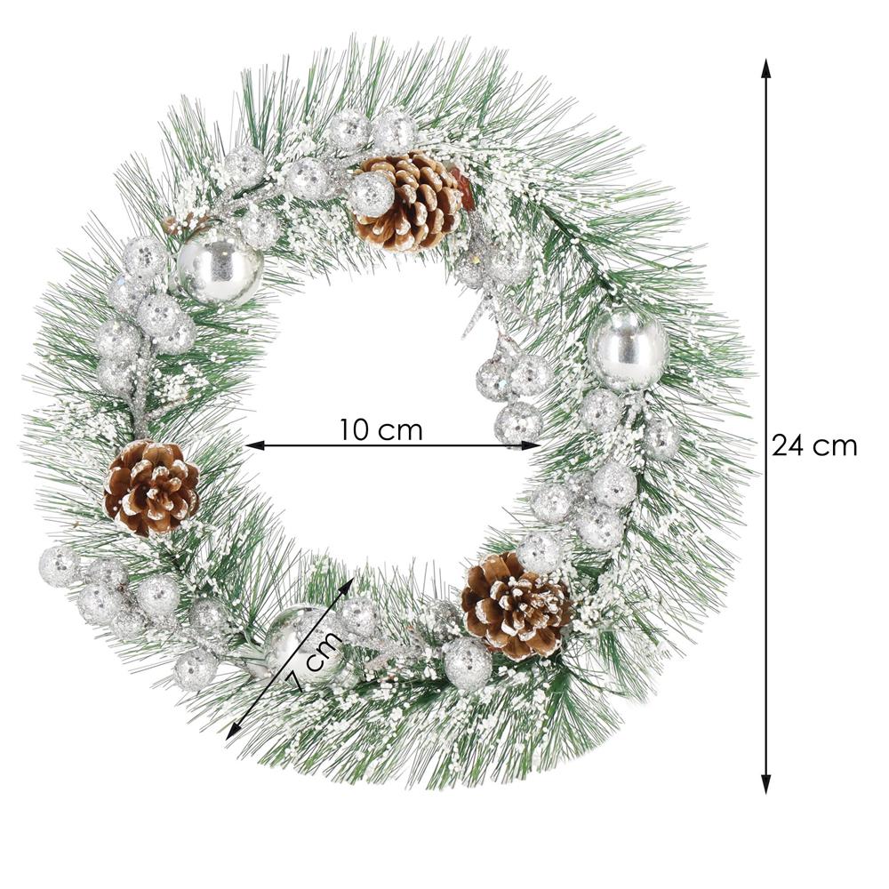 Coronita pentru Craciun, 24 cm, din brad artificial, cu conuri si zapada, verde