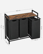 VASAGLE Cos de rufe, 3 compartimente, saci de rufe detasabili, raft, cadru metalic, 3x38L, 93x33x72 cm, maro rustic si negru