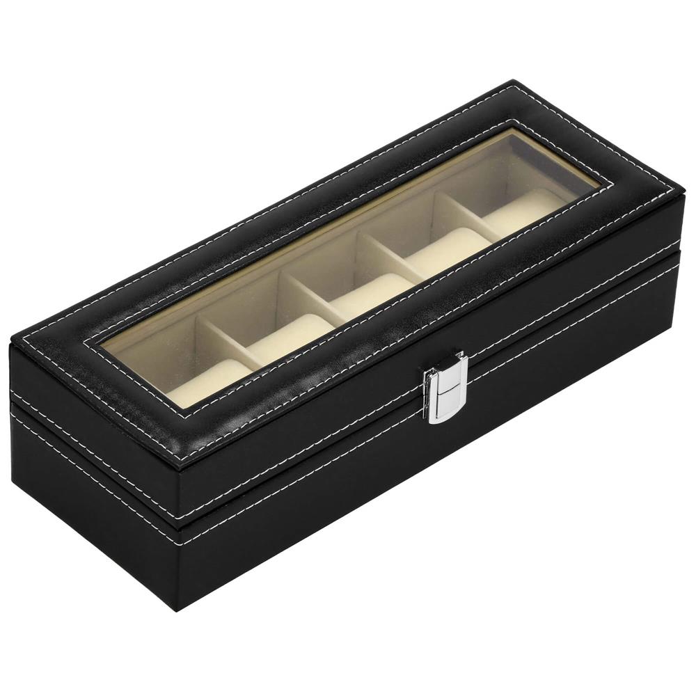 Cutie depozitare si organizare ceasuri, MDF, piele ecologica, 30x11x8cm, negru