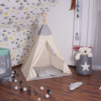 Cort copii  stil indian Teepee Tent cu fereastra, covoras gros si 2 perne, alb gri monocrom