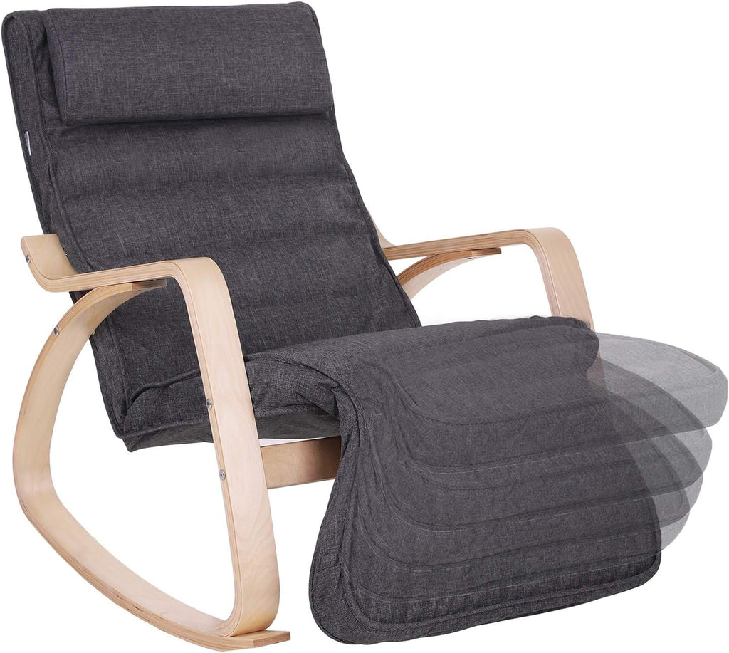 SONGMICS Scaun balansoar din lemn, suport picioare reglabil, maxim 150kg, 67x115x91cm, gri inchis