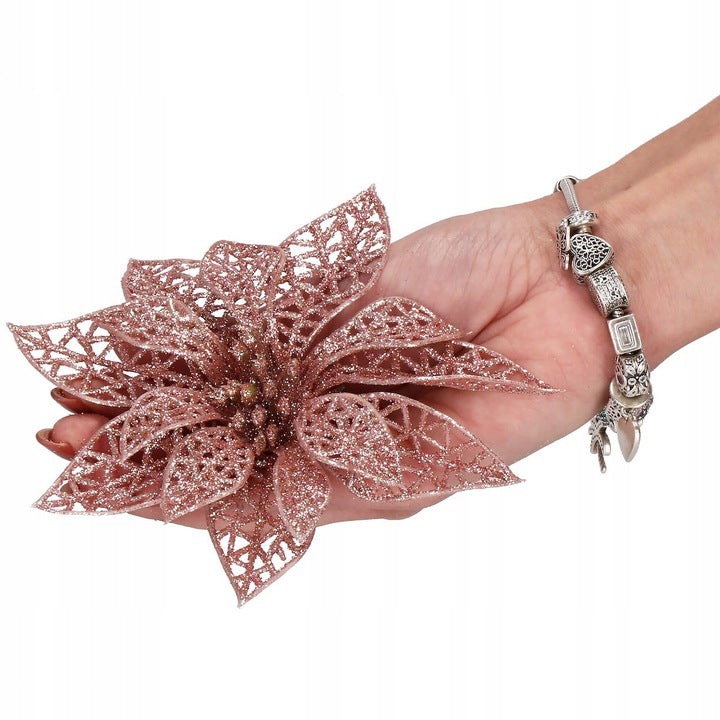 Set 10 ornamente pentru bradul de Craciun, stea Poinsettia, 10cm, roz