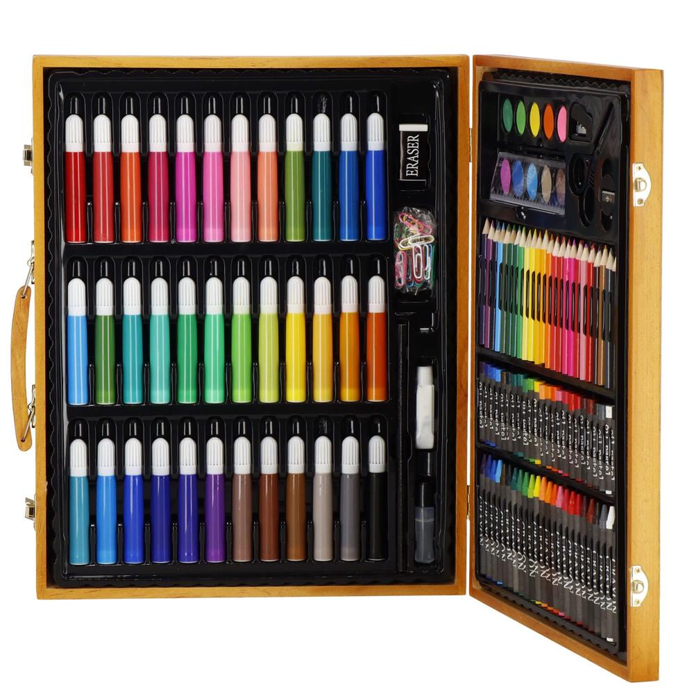 Set de pictura si desen pentru copii, 150 de piese, trusa lemn maro