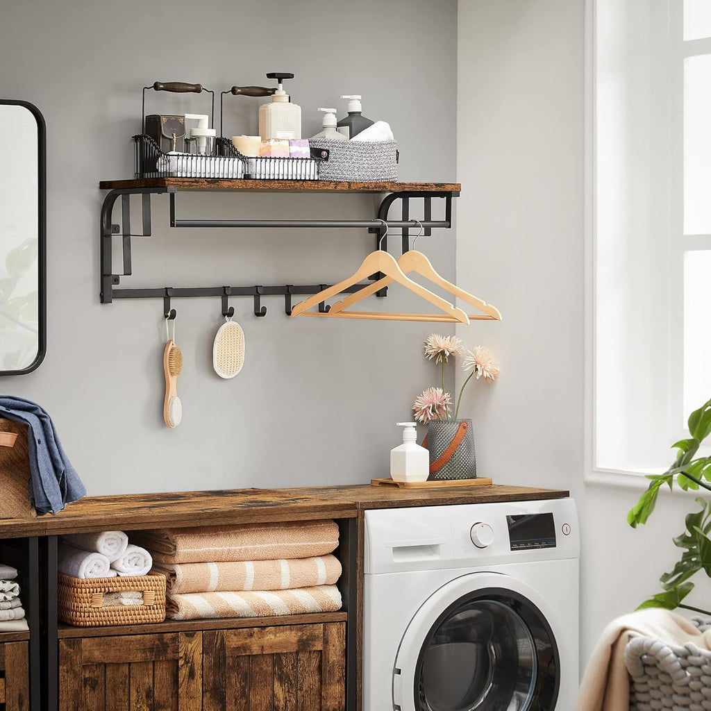 VASAGLE Cuier de perete cu raft de depozitare, 5 carlige, 30x80x27 cm, maro rustic