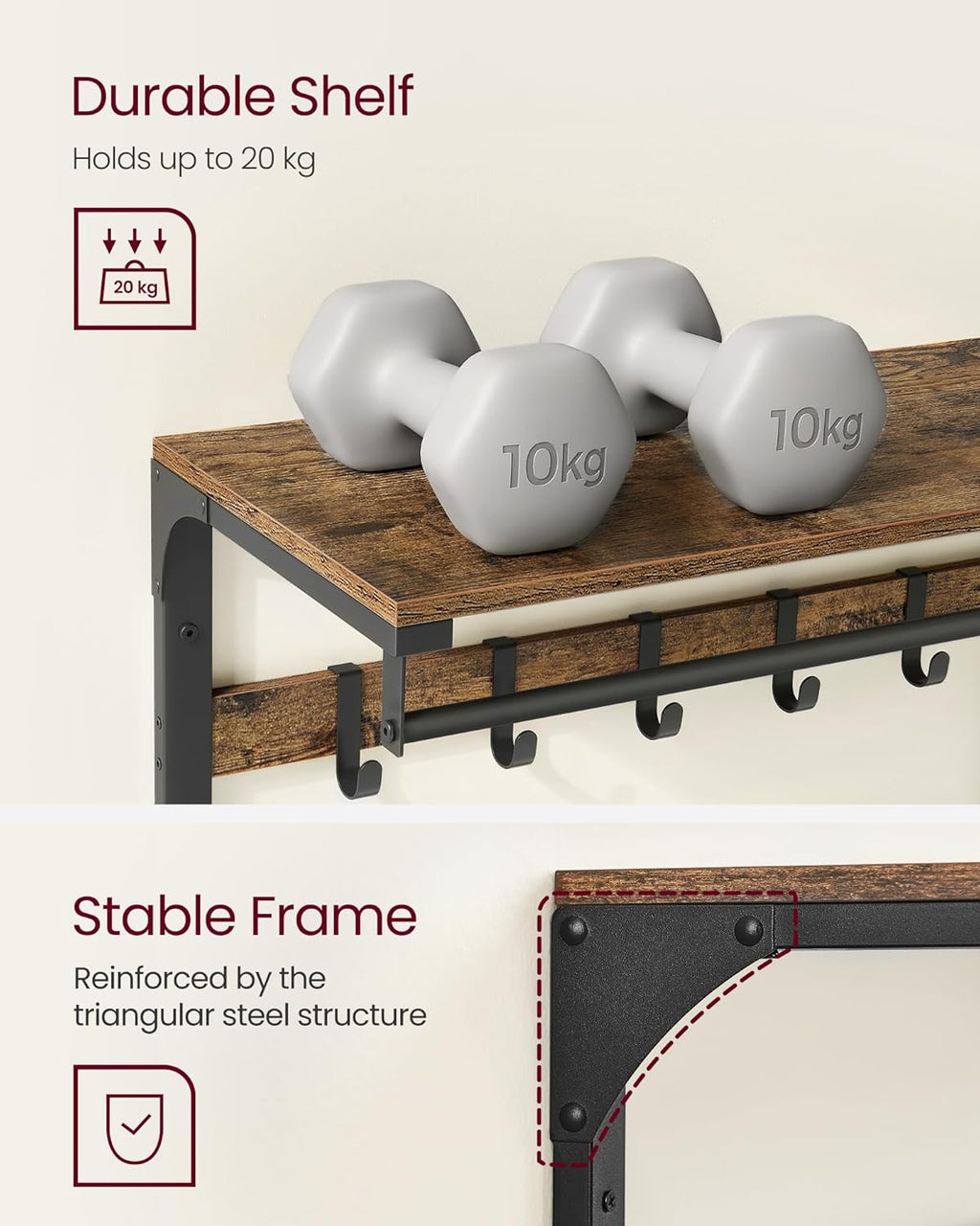 VASAGLE Cuier de perete cu raft de depozitare, 10 carlige, 30x80x42 cm, maro rustic