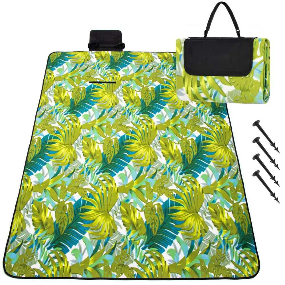 Patura pentru picnic sau plaja, cu folie izolatoare si maner, 200x200cm, model frunze, verde