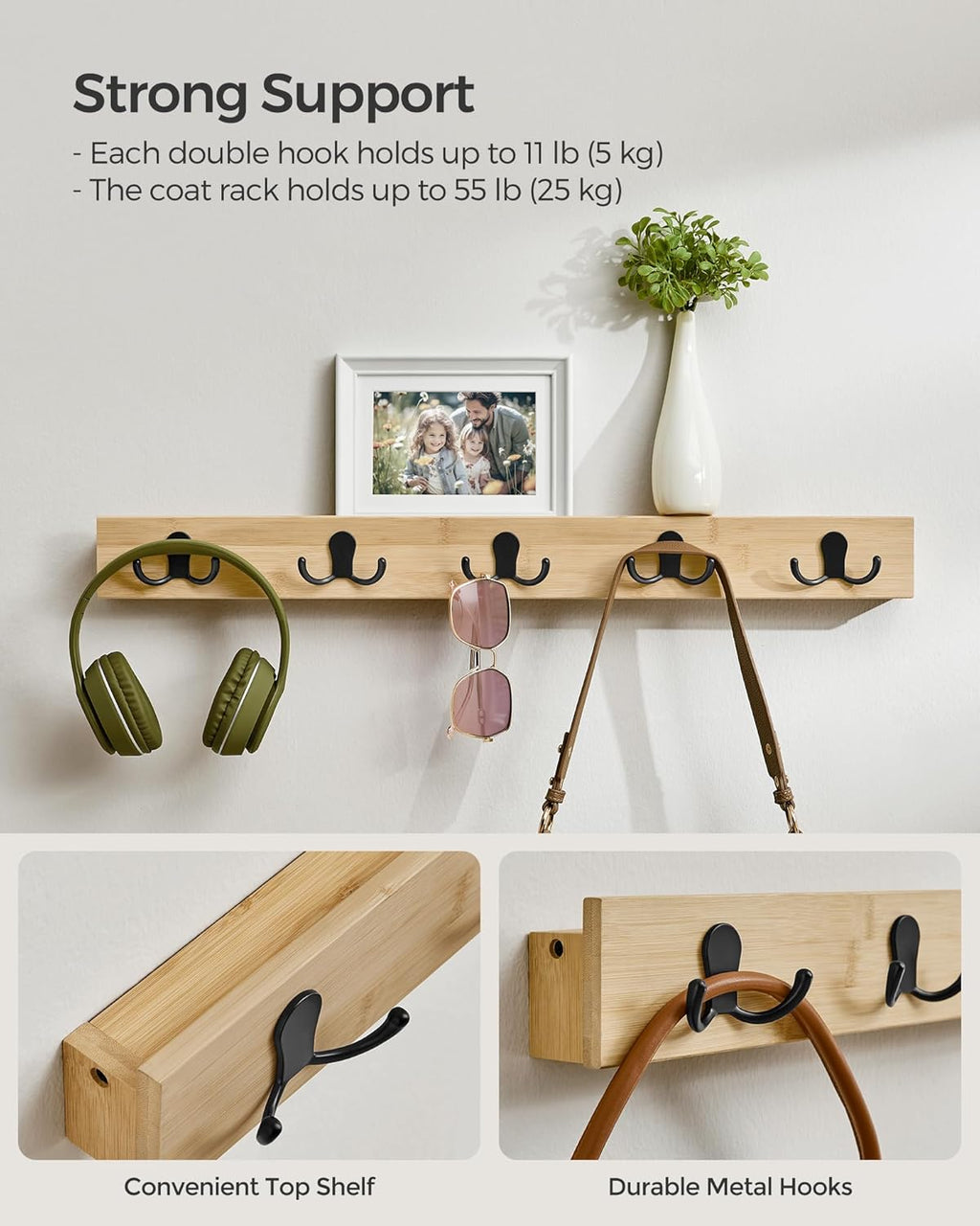 SONGMICS Cuier de perete pentru hol sau baie, 5 carlige duble, 5x70x7 cm, maro natural