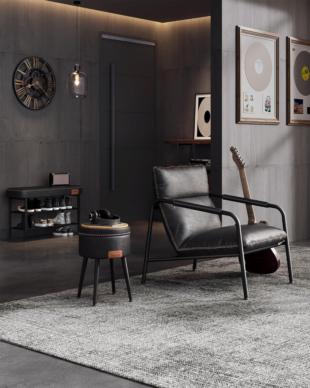 VASAGLE Taburet cu spatiu de depozitare, tapitat PU, cu 2 fete, diametru 32 cm, negru