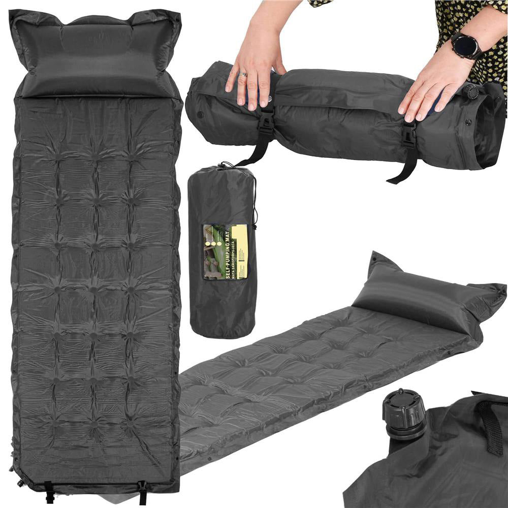 Saltea plabila cu perna din spuma poliuretanica, cu autoumflare, 193x68x3.5cm, gri