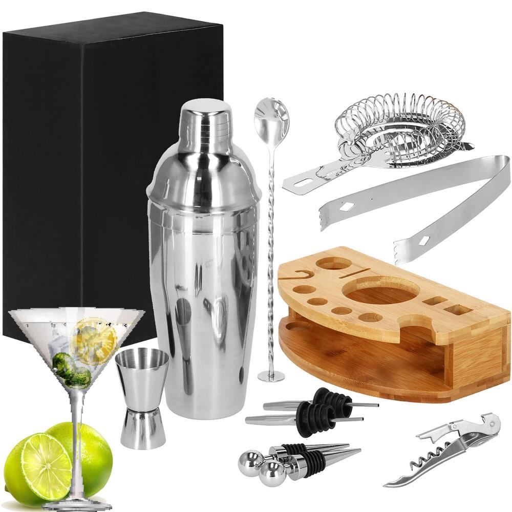 Set Cocktail Shaker Kit pentru barmani 750ml, KI12, suport bambus, 12 piese