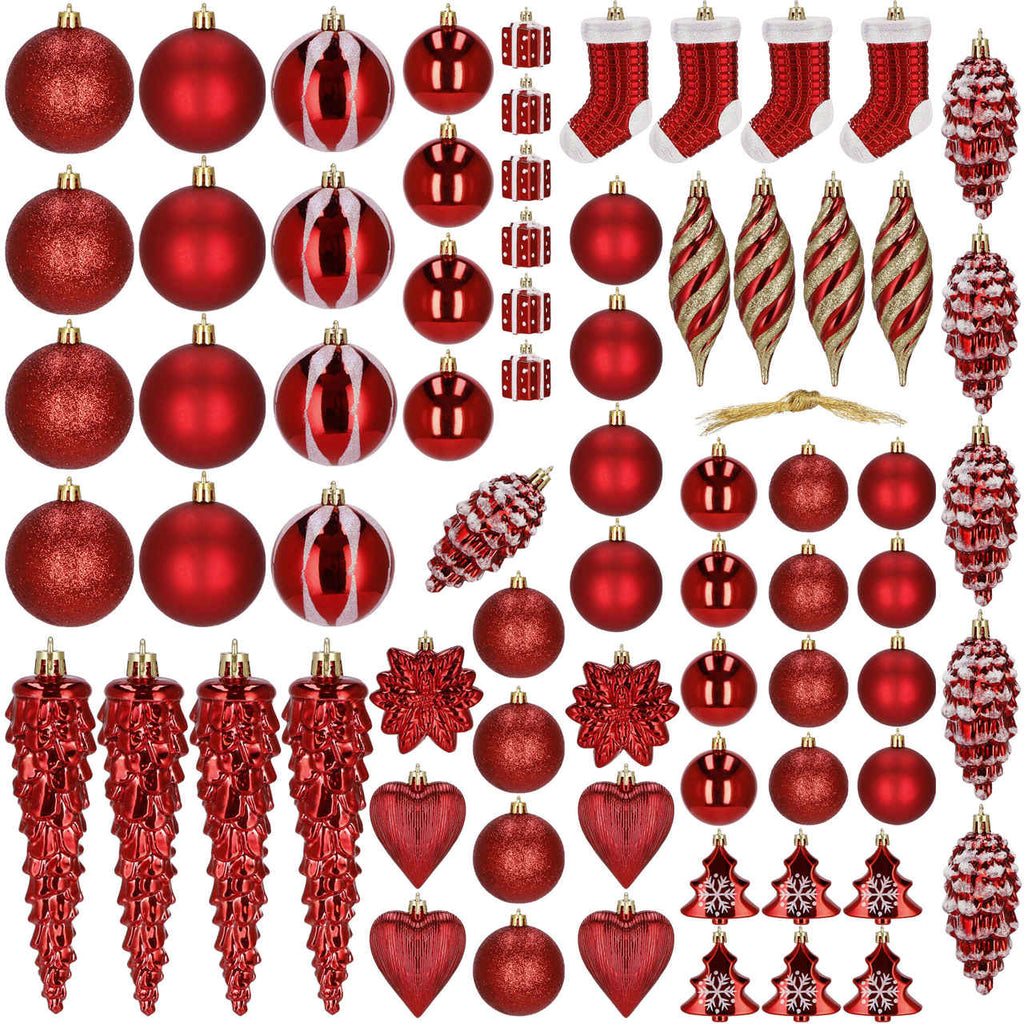 Set globuri si decoratiuni de Craciun, 72 piese, diverse dimensiuni, rosu