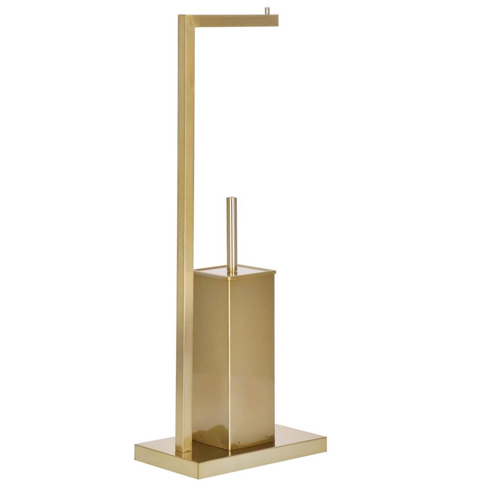 Stand cu perie WC si suport hartie igienica, metal si bambus, 67cm, auriu