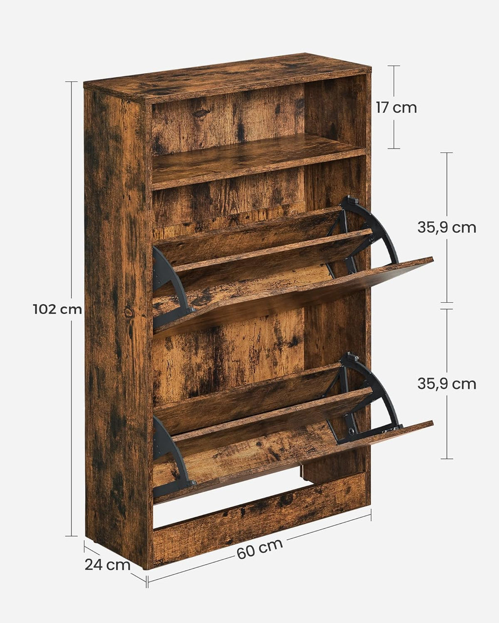 VASAGLE Dulap pantofi cu 2 usi flip, separator reglabil si detasabil, pentru 8-12 perechi, 24x60x102cm, maro rustic
