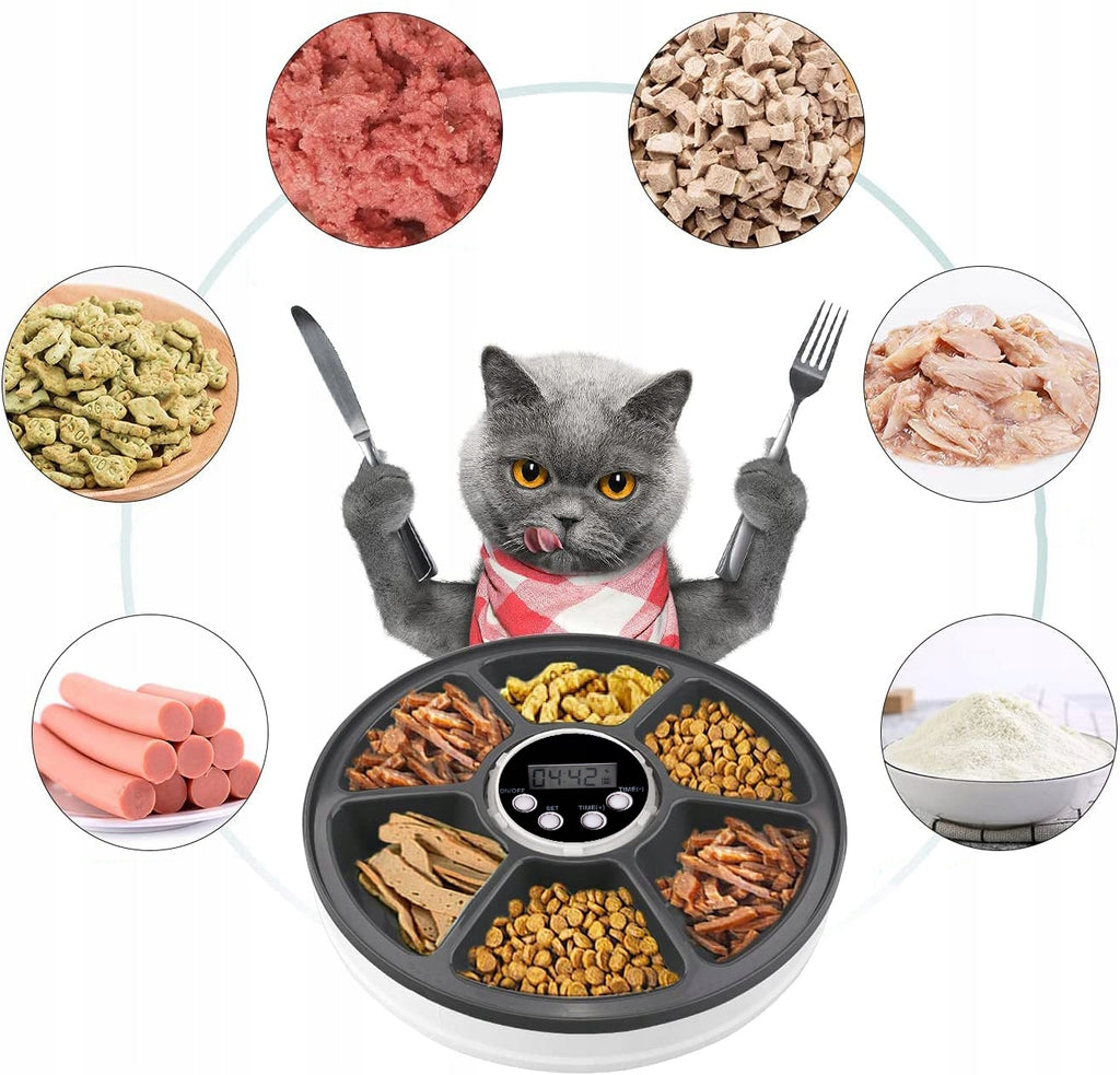 Hranitor automat pentru caini si pisici, sunet hranire, capacitate dispenser 6x70gr, cu display digital