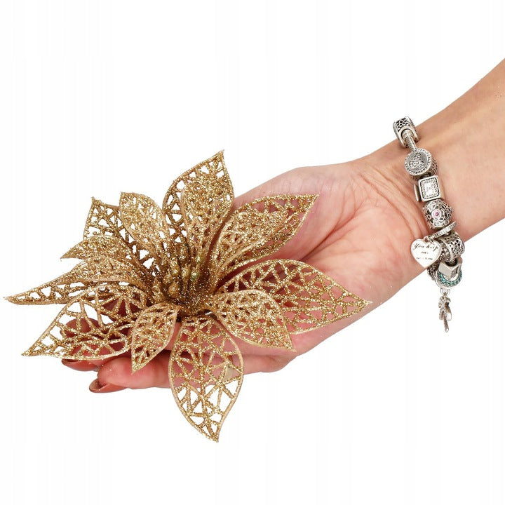 Set 10 ornamente pentru bradul de Craciun, stea Poinsettia, 14cm, auriu