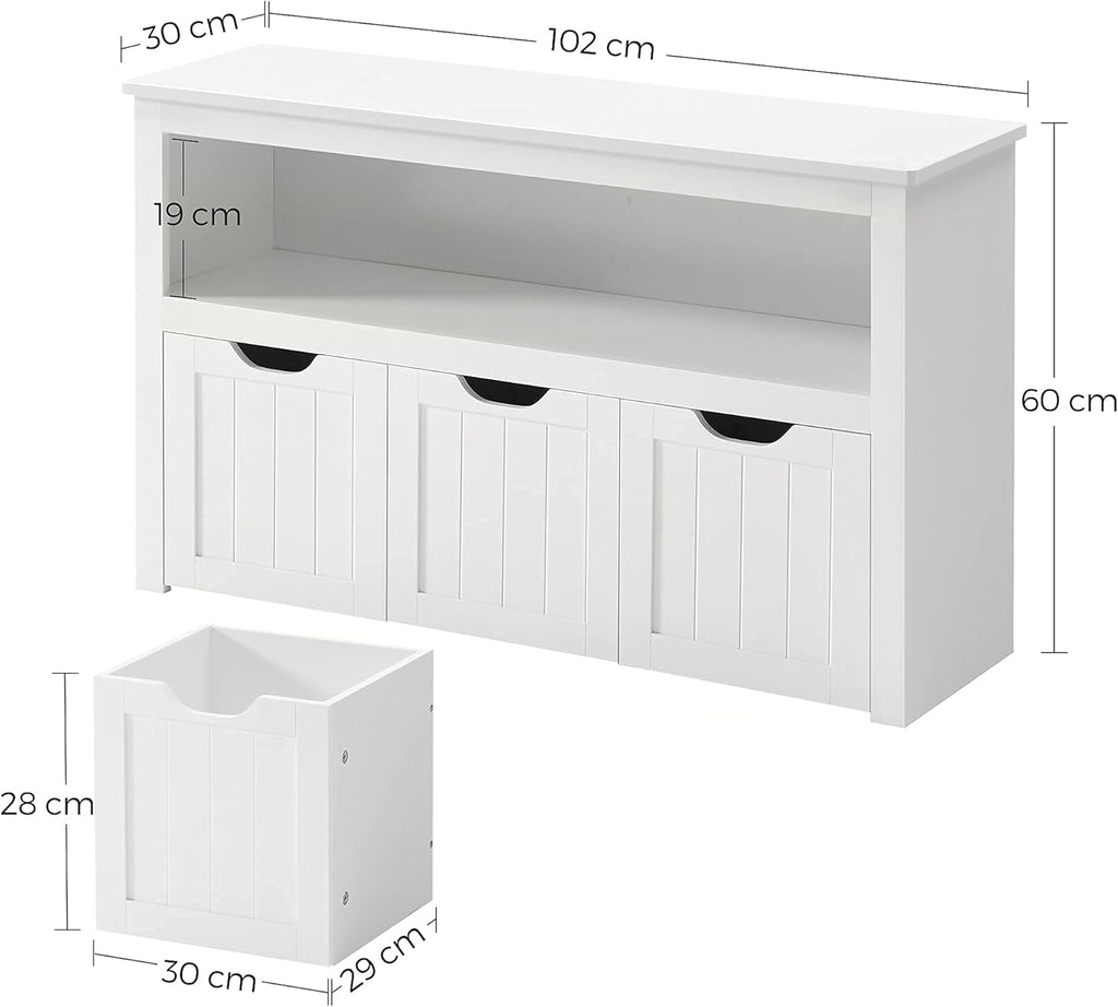 VASAGLE Comoda cu spatiu depozitare jucarii, 3 dulapuri mobile, 102x30x60 cm, alb