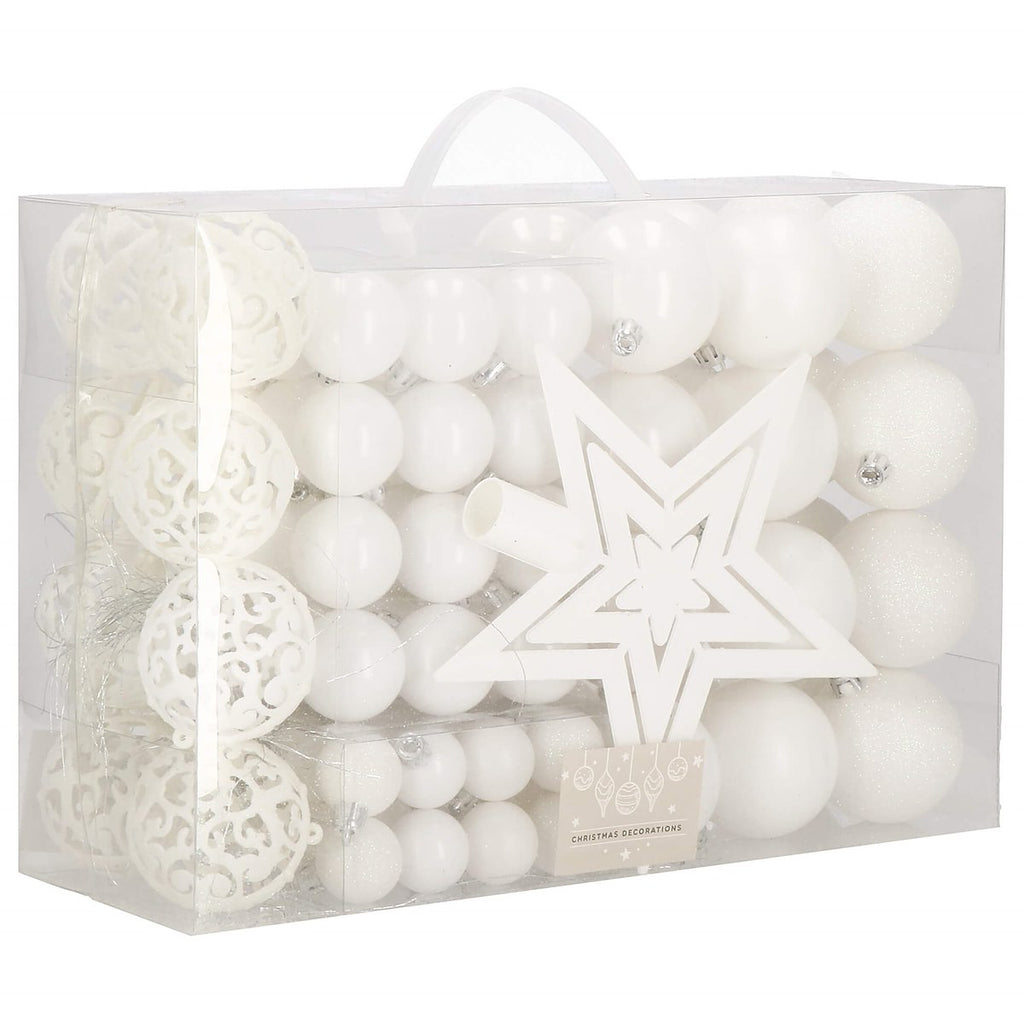 Set globuri si decoratiuni de Craciun, 100 piese, diverse dimensiuni cu stea, alb