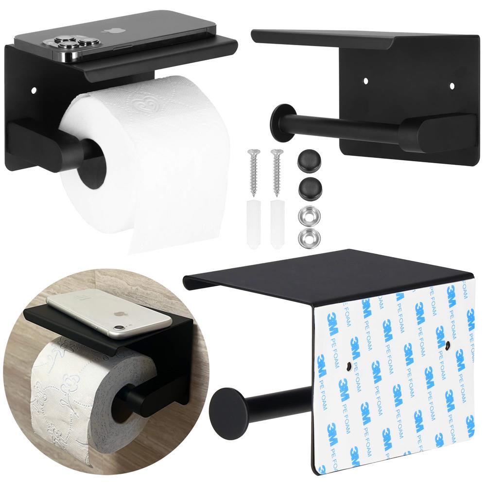 Suport hartie igienica din otel cu raft depozitare, prindere fara gaurire, 14cm, negru