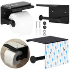 Suport hartie igienica din otel cu raft depozitare, prindere fara gaurire, 14cm, negru