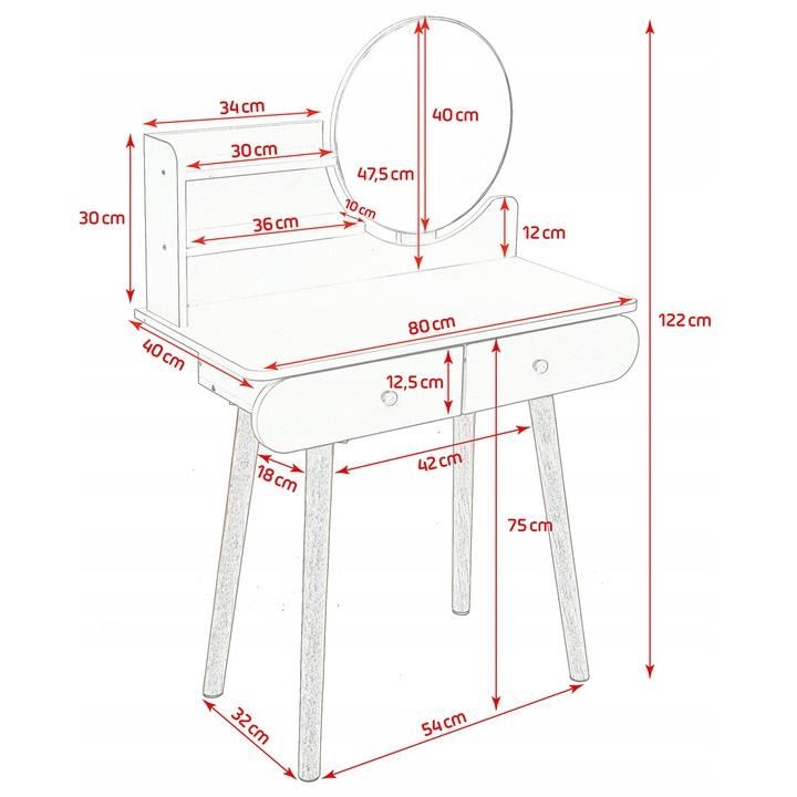 Masa de toaleta si machiaj Ravena, alb fag, cu 2 sertare, oglinda, 80x40x122 cm
