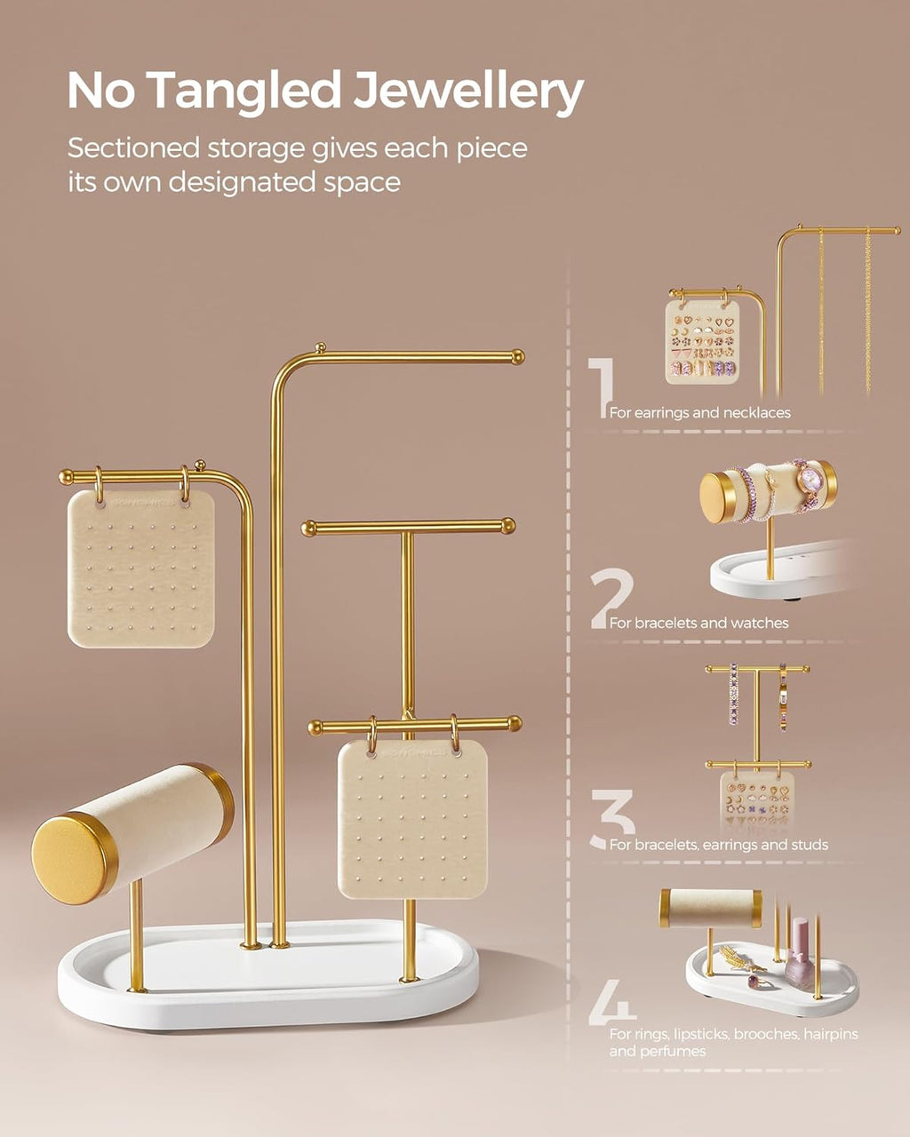 SONGMICS Stand suport pentru depozitare si expunere bijuterii, otel, 11x20x32 cm, auriu