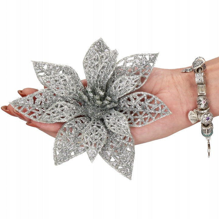 Set 10 ornamente pentru bradul de Craciun, stea Poinsettia, 10cm, argintiu