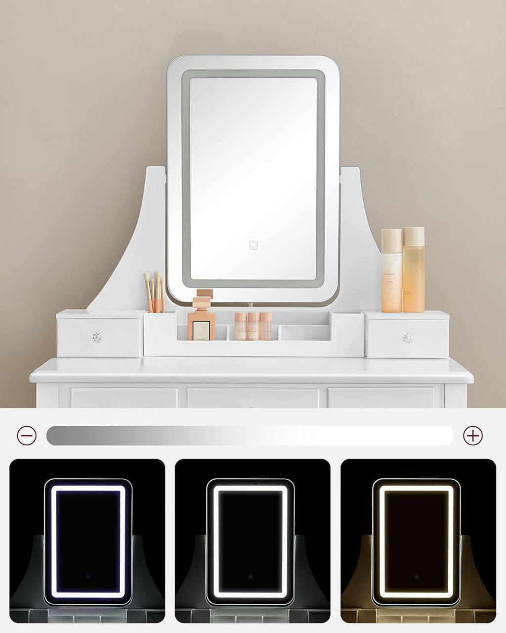 VASAGLE Masa de toaleta cu taburet, oglinda rotativa 360°, iluminare LED reglabila, 80x40x138 cm, alb
