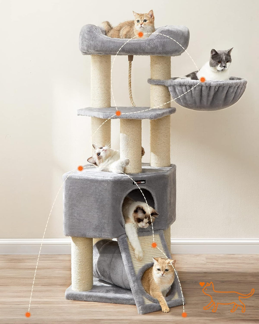 FEANDREA Ansamblu de joaca pisici, tip copac, pentru pisici de dimensiuni mari, 50x50x141 cm, gri