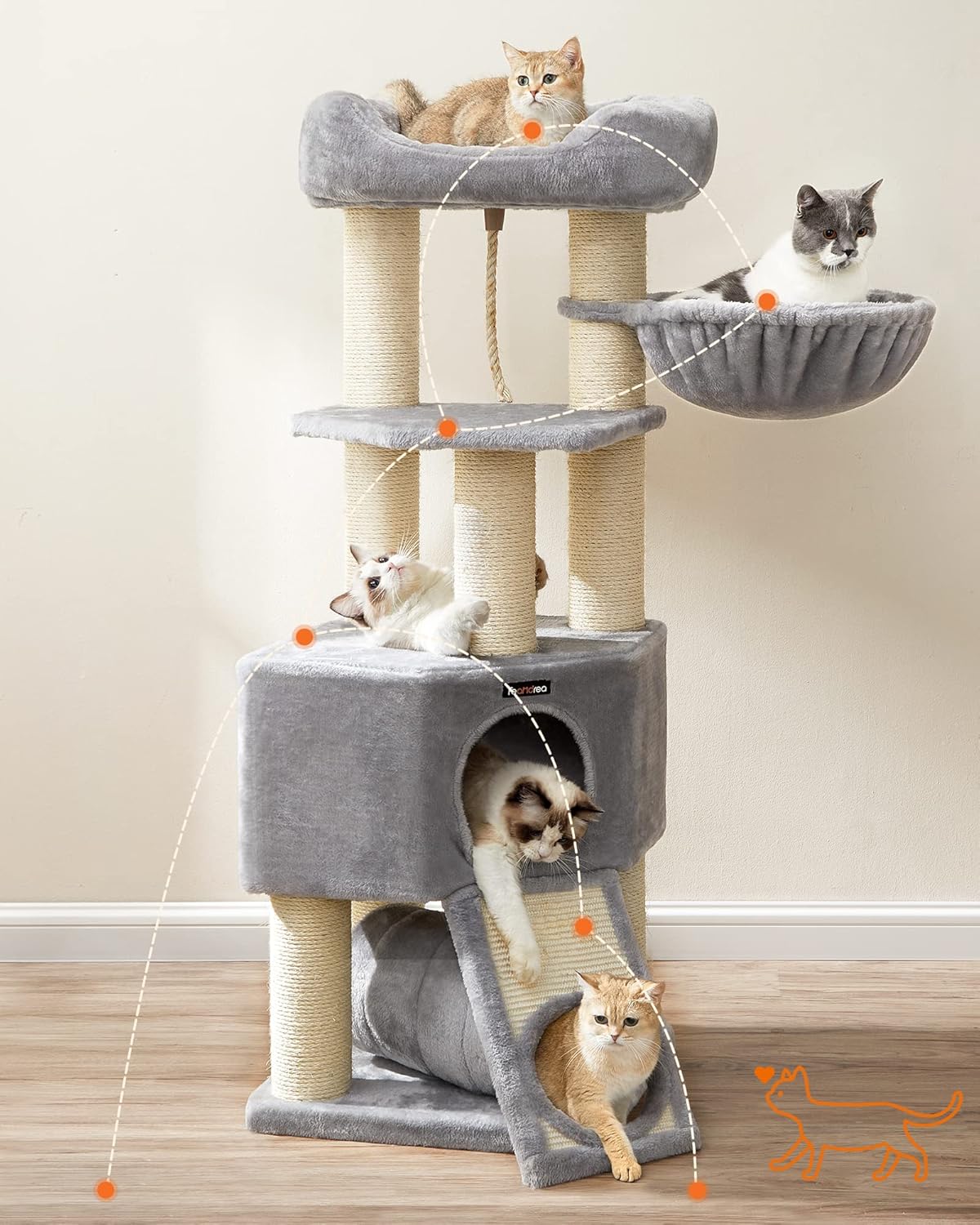 FEANDREA Ansamblu de joaca pisici, tip copac, pentru pisici de dimensiuni mari, 50x50x141 cm, gri