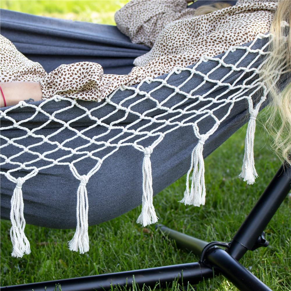 Hamac doua persoane cu franjuri si 2 perne, 200kg, 200×150 cm, gri inchis