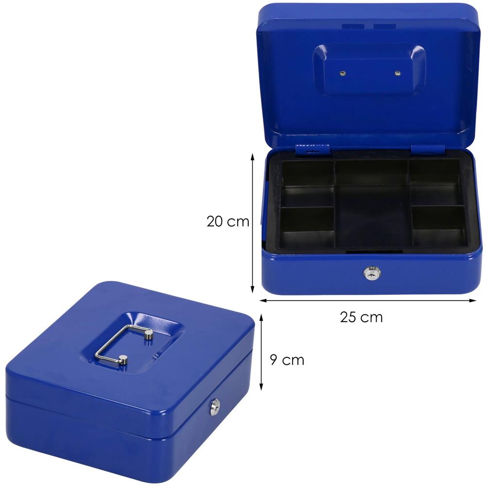 Caseta pentru bani tip cutie de valori, compartimentanta, cu cheie, metal, 25x20x9cm, albastru