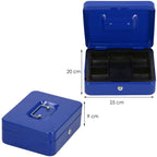 Caseta pentru bani tip cutie de valori, compartimentanta, cu cheie, metal, 25x20x9cm, albastru