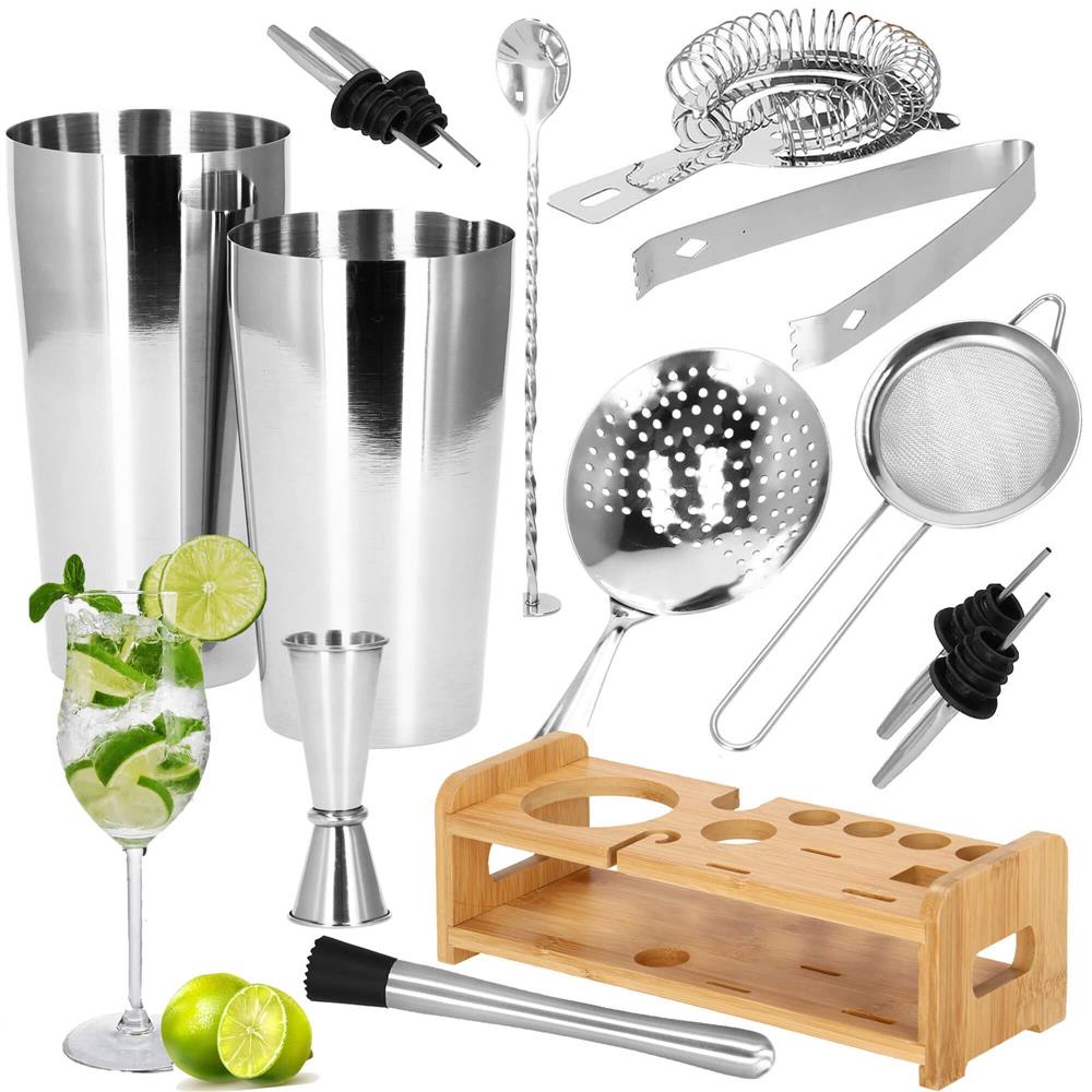 Set Cocktail Shaker Kit pentru barmani 750ml, KI11, suport bambus, 14 piese