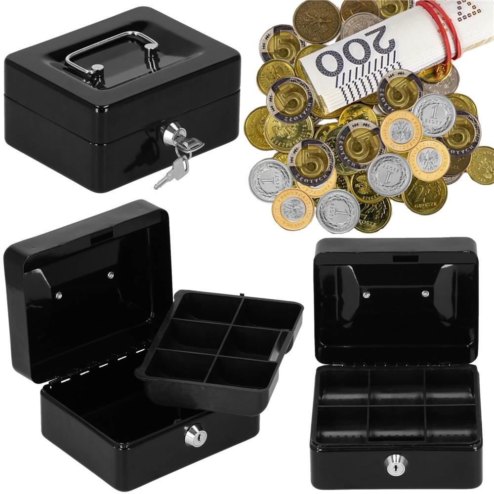 Caseta pentru bani tip cutie de valori, compartimentanta, cu cheie, metal, 15x12x8cm, negru