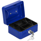 Caseta pentru bani tip cutie de valori, compartimentanta, cu cheie, metal, 12.5x9.5x6.5cm, albastru