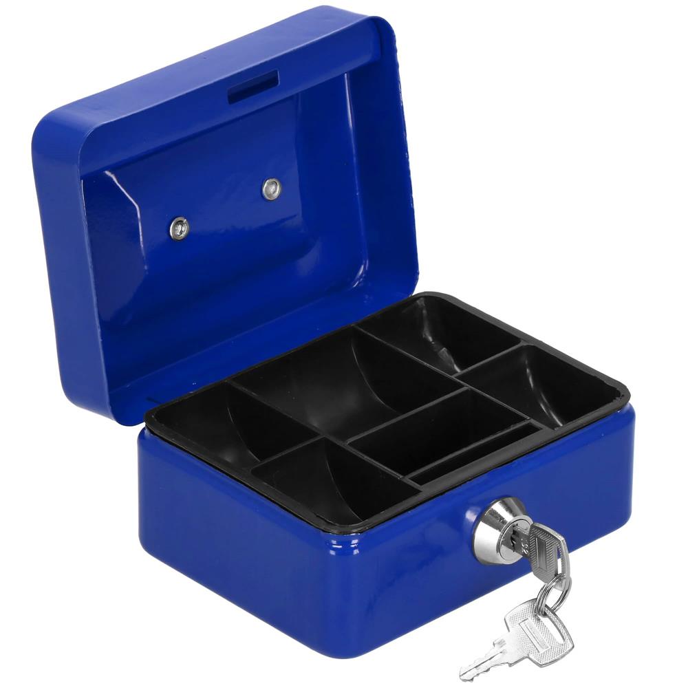 Caseta pentru bani tip cutie de valori, compartimentanta, cu cheie, metal, 12.5x9.5x6.5cm, albastru