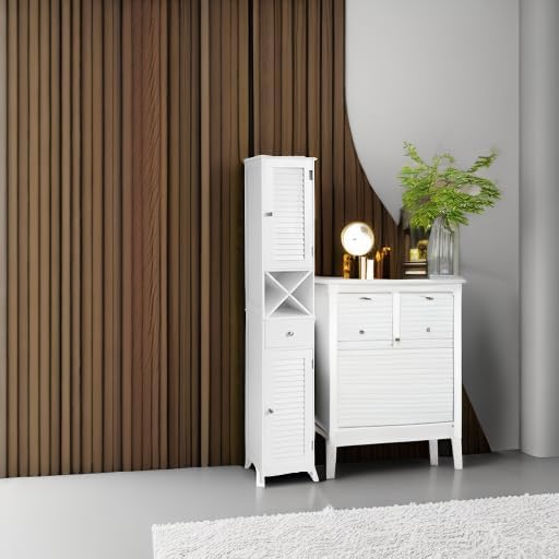 VASAGLE Dulap de depozitare de baie inalt tip coloana, cu usi si sertar, 32x30x170 cm, alb