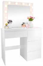 Masa de toaleta si machiaj Hollywood Pro, alba, cu 4 sertare, oglinda si 12 LED-uri, 90x40x140 cm