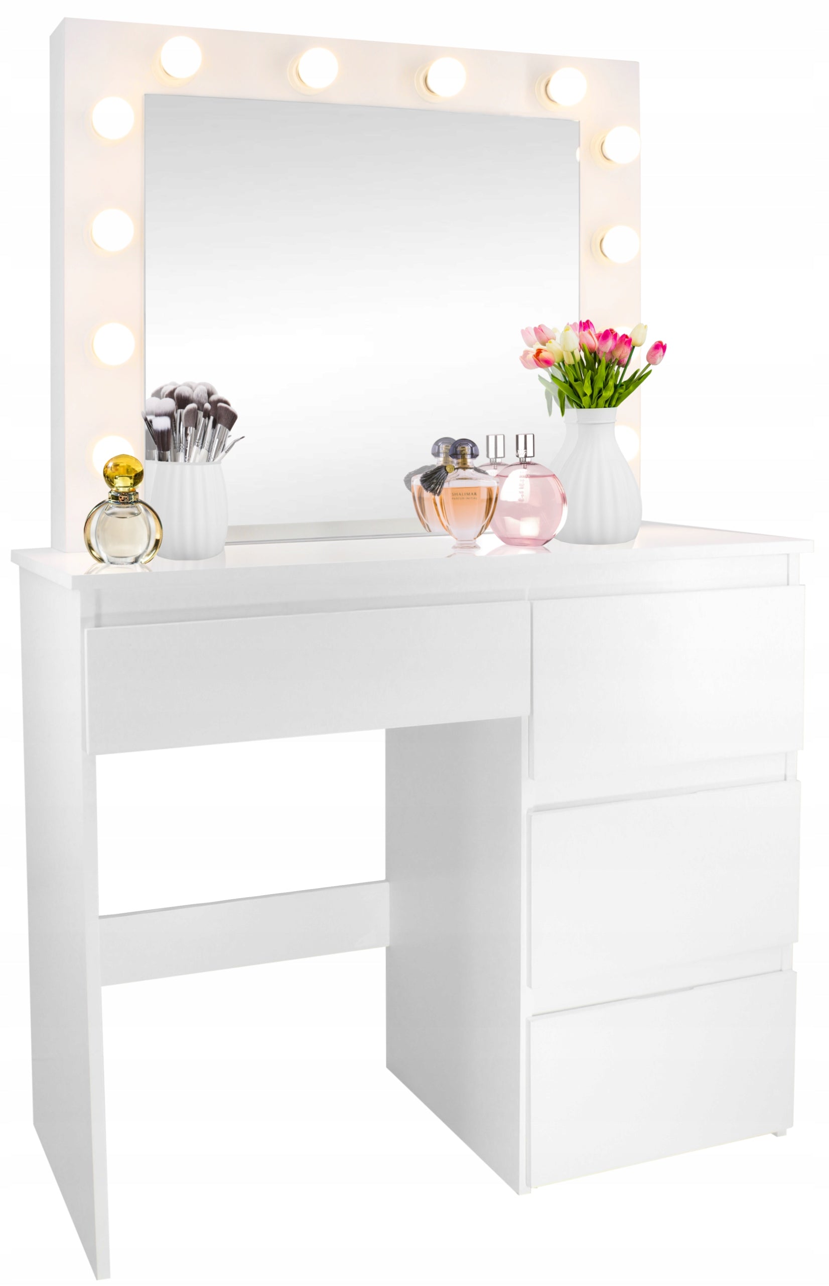 Masa de toaleta si machiaj Hollywood Pro, alba, cu 4 sertare, oglinda si 12 LED-uri, 90x40x140 cm