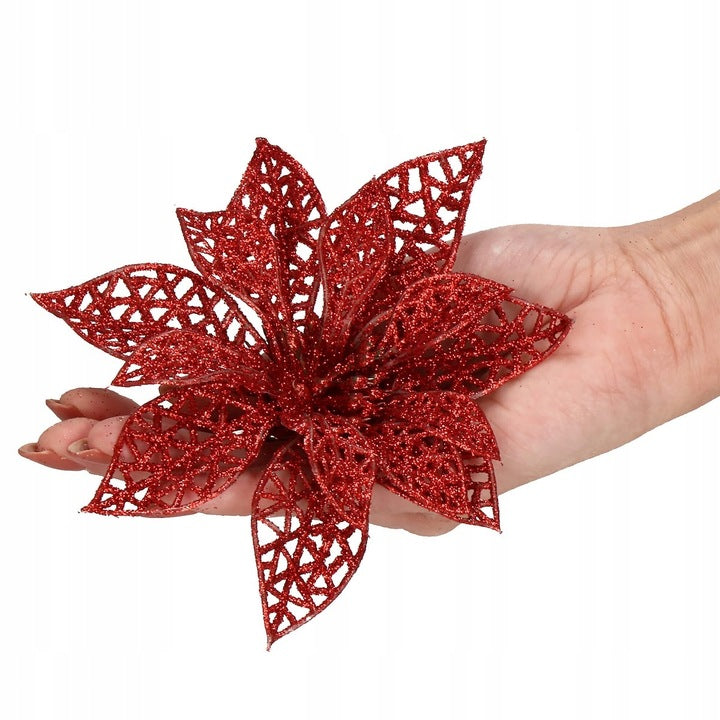 Set 10 ornamente pentru bradul de Craciun, stea Poinsettia, 10cm, rosu