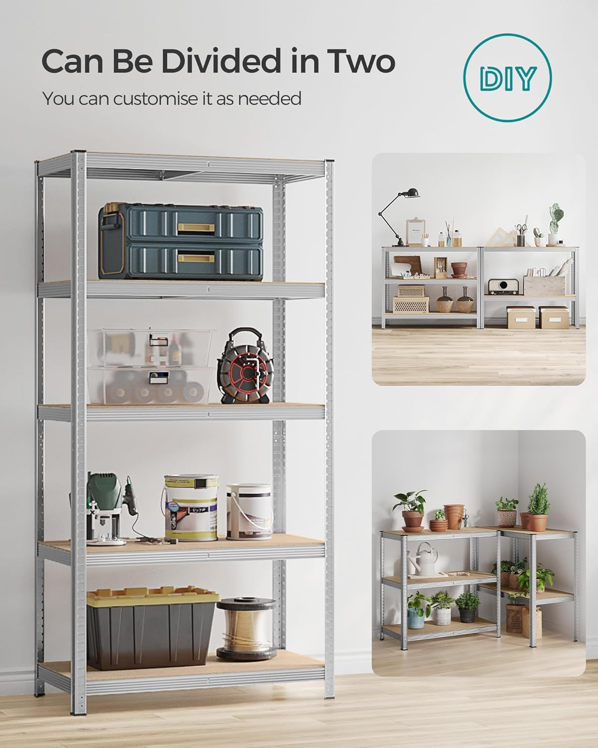 SONGMICS Raft de depozitare metalic, cu rafturi din MDF, 5 polite, max. 600 kg, 200x100x50cm, argintiu