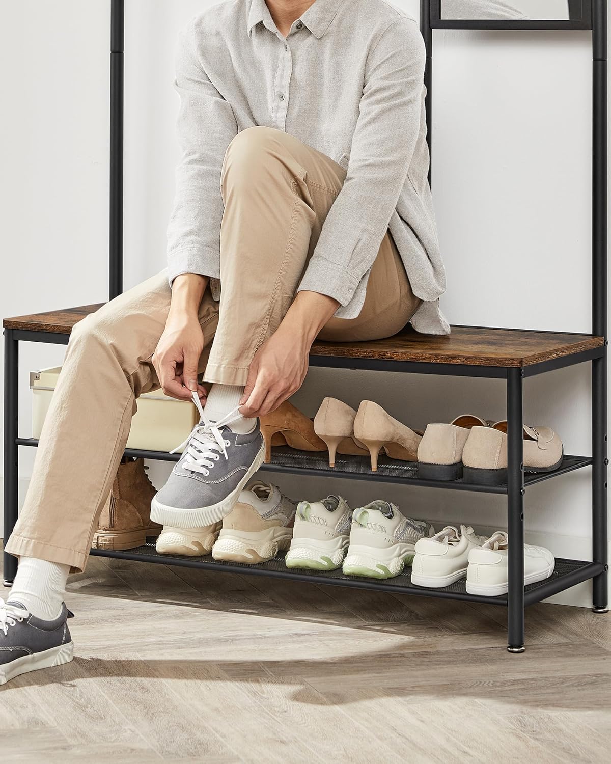 VASAGLE Cuier cu rafturi depozitare pantofi si oglinda, industrial, 35x98x180 cm, maro rustic si negru